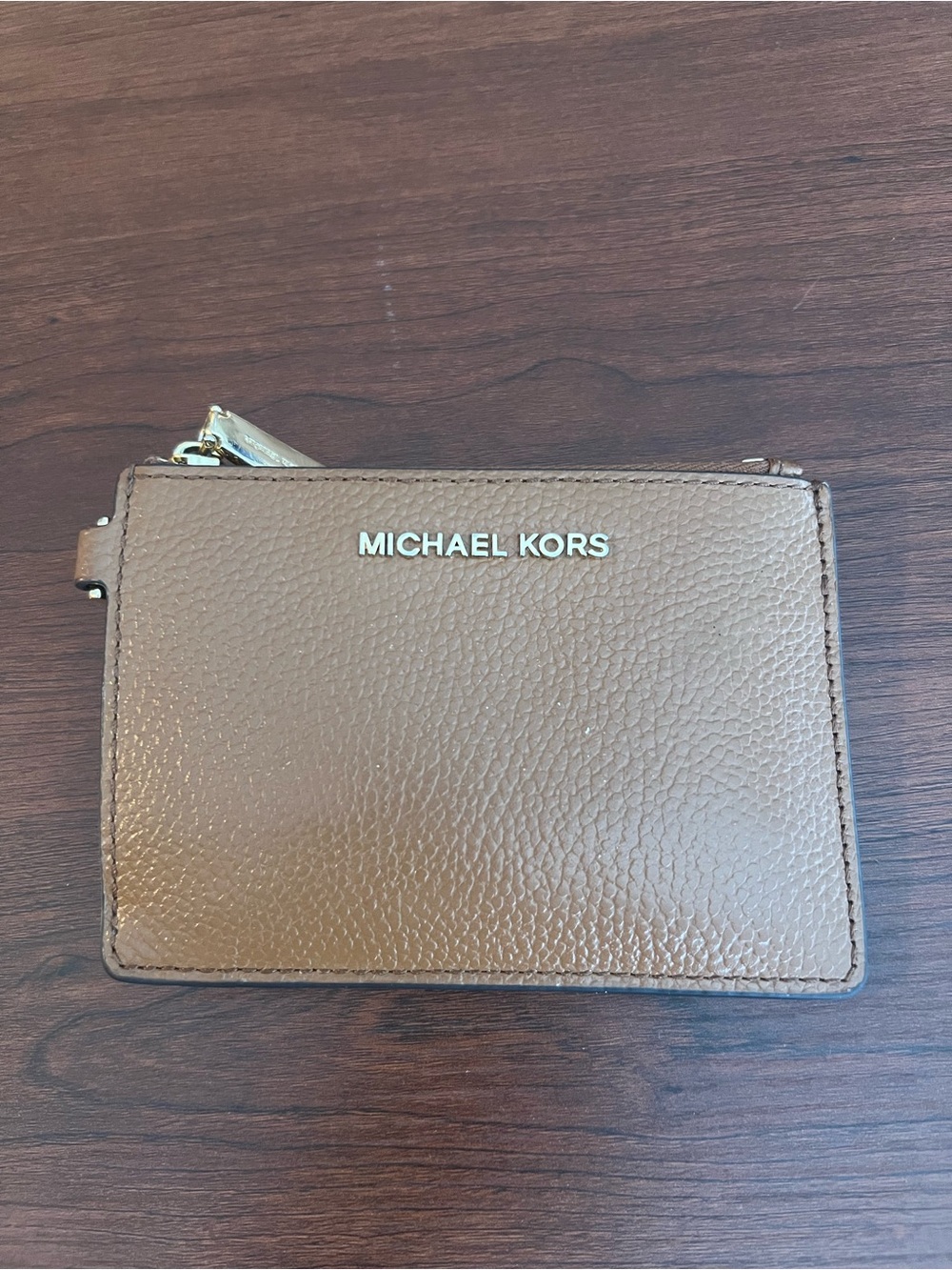 Michael Kors Brown Pebbled Leather Zip Card Wallet with Gold Logo
